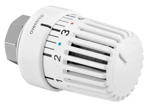 Weißer Oventrop-Thermostat mit nummerierter Skala von 1 bis 4 und einer blauen Markierung. Ausgestattet mit einem Flüssigfühler und einem schlichten Design.